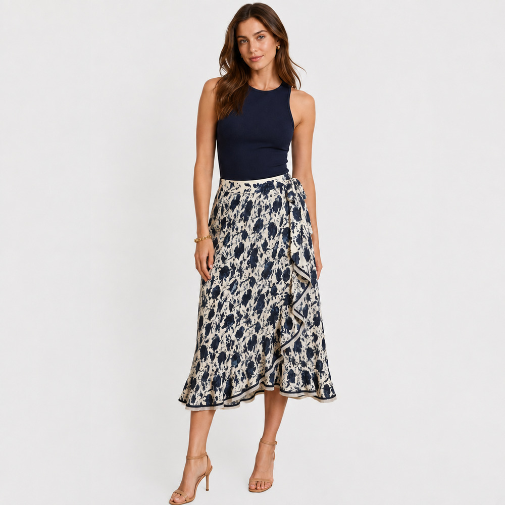 Tory Burch Quincy Pleated Wrap Midi Skirt 2 Navy Ivory Floral Ruffle NWT